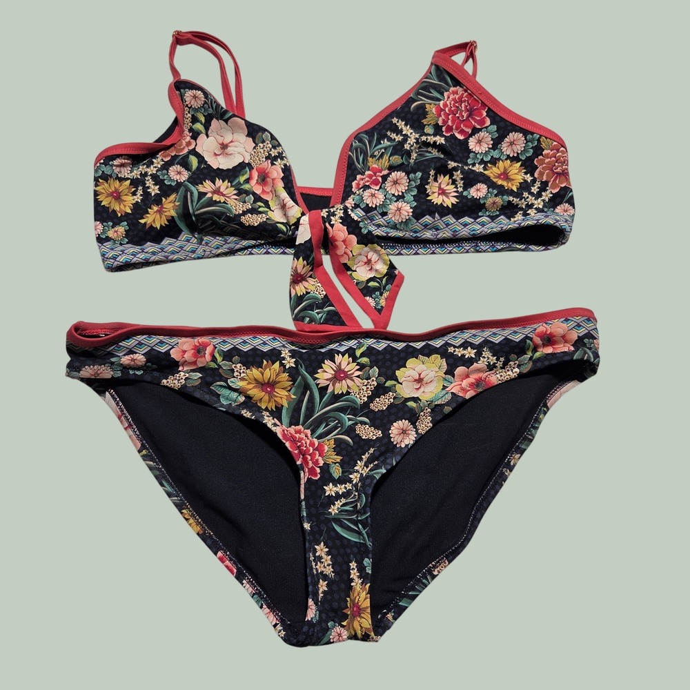Johnny Was Floral Bikini Set Navy Blue Coral Tie Front Top XL Bottoms M Swimwear